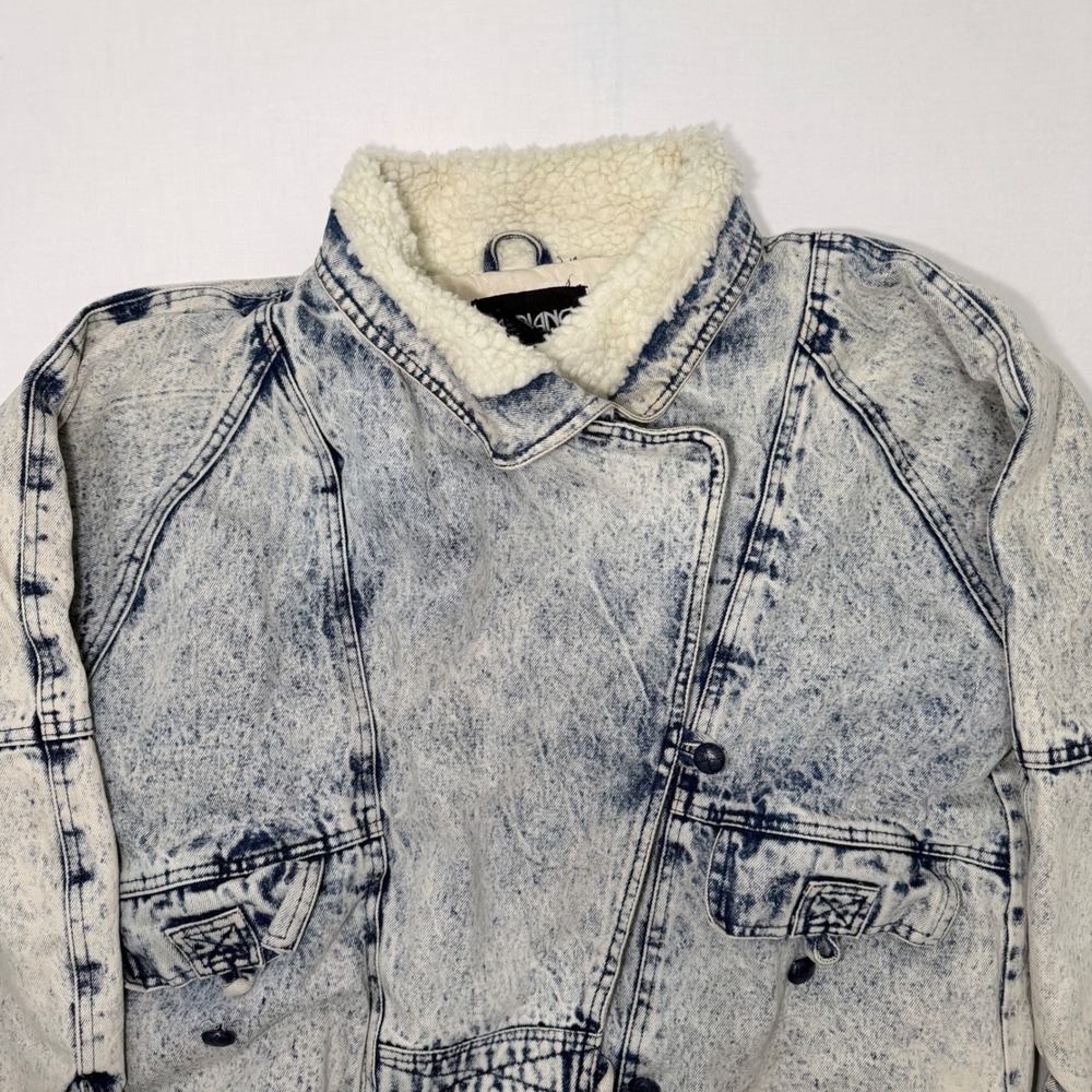 Vintage 80s Fabriano Acid Wash Denim Sherpa Bomber Jacket Womens L Cropped 90s - Picture 2 of 8